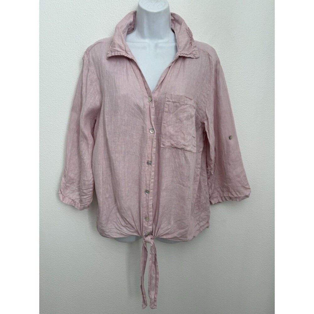 Women's Italian Linen Pink Button Down Shirt With Tie Bottom.  LARGE